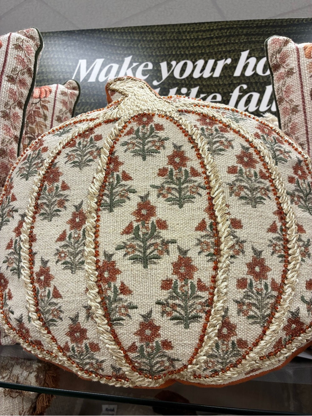 Rachel Ashwell Decorative Cream and Rust Floral Pumpkin Pillow - Home Holiday